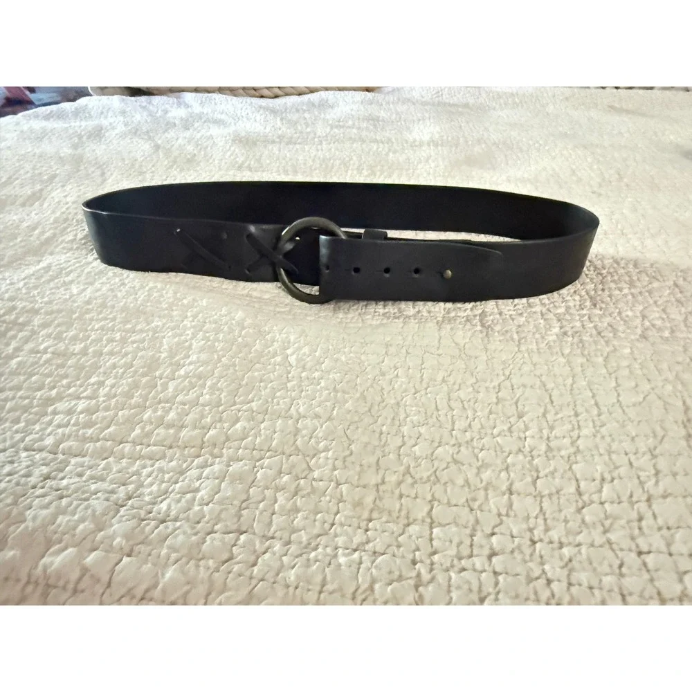 Sundance Black Genuine Leather Belt Medium O Ring Buckle Lace Stitch Boho